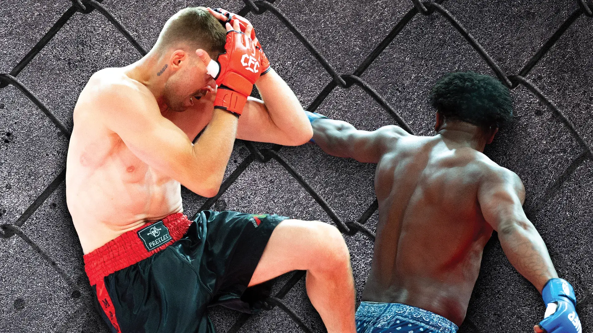 Two fighters mid fight on an enlarged chainlink fence background